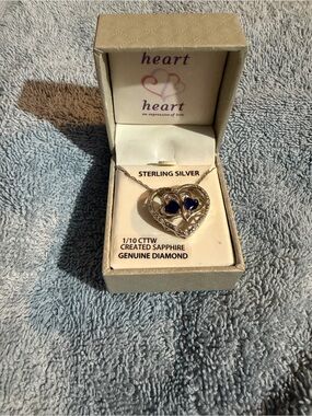 Heart Heart Sterling Silver Double Heart Necklace with Blue Sapphires